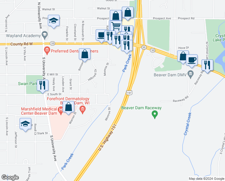 map of restaurants, bars, coffee shops, grocery stores, and more near 406 Monroe Street in Beaver Dam