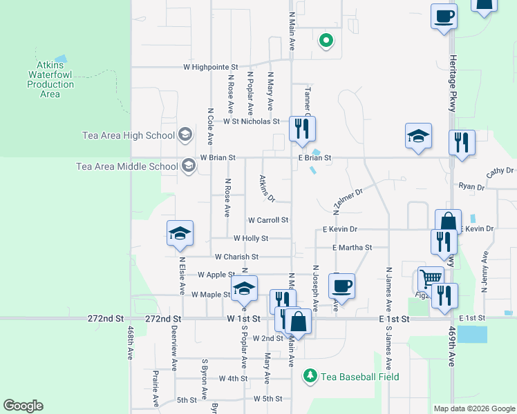map of restaurants, bars, coffee shops, grocery stores, and more near 301 West Drew Street in Tea