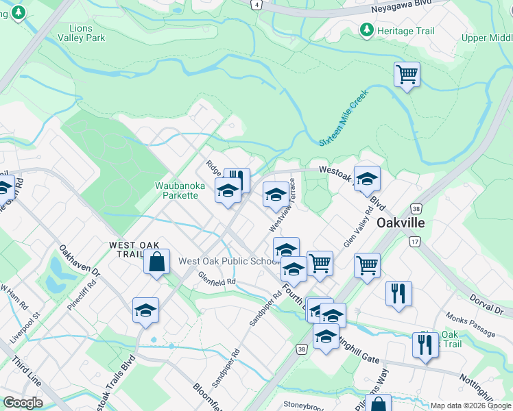 map of restaurants, bars, coffee shops, grocery stores, and more near Oakpoint Road in Oakville