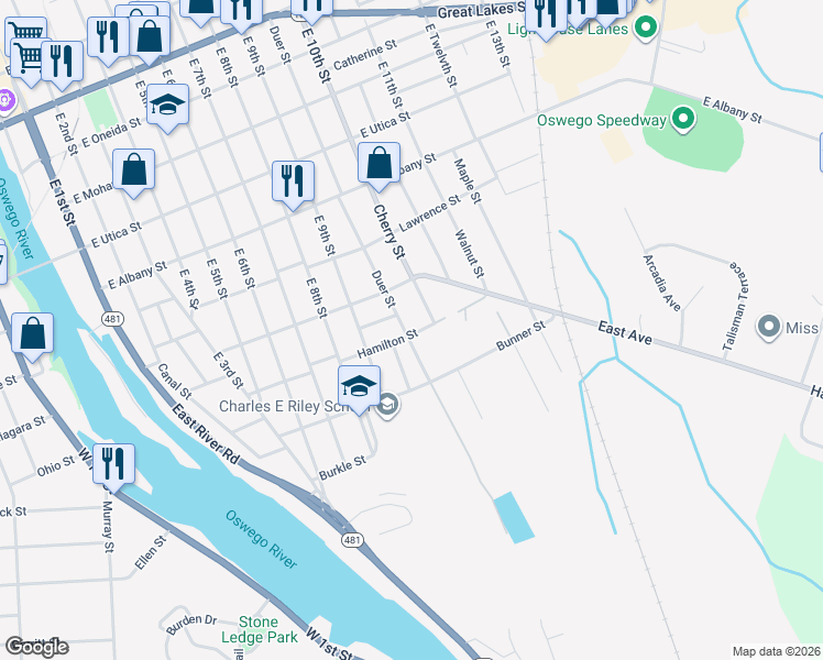 map of restaurants, bars, coffee shops, grocery stores, and more near 328 Cherry Street in Oswego
