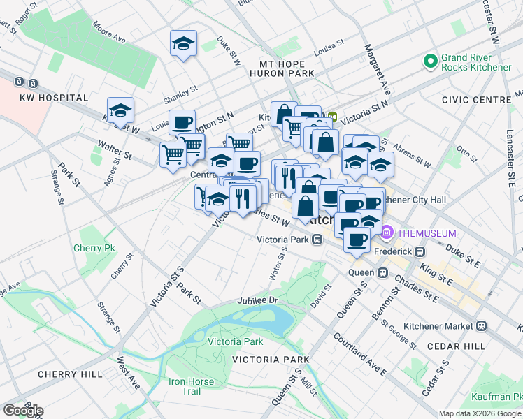 map of restaurants, bars, coffee shops, grocery stores, and more near 30 Francis Street South in Kitchener