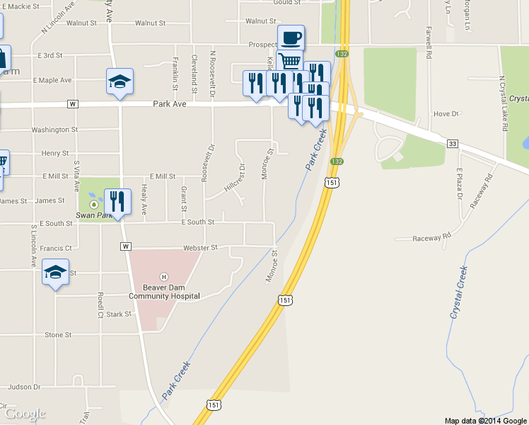 map of restaurants, bars, coffee shops, grocery stores, and more near 406 Monroe Street in Beaver Dam