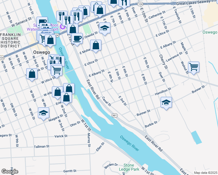 map of restaurants, bars, coffee shops, grocery stores, and more near 13 Scriba Street in Oswego