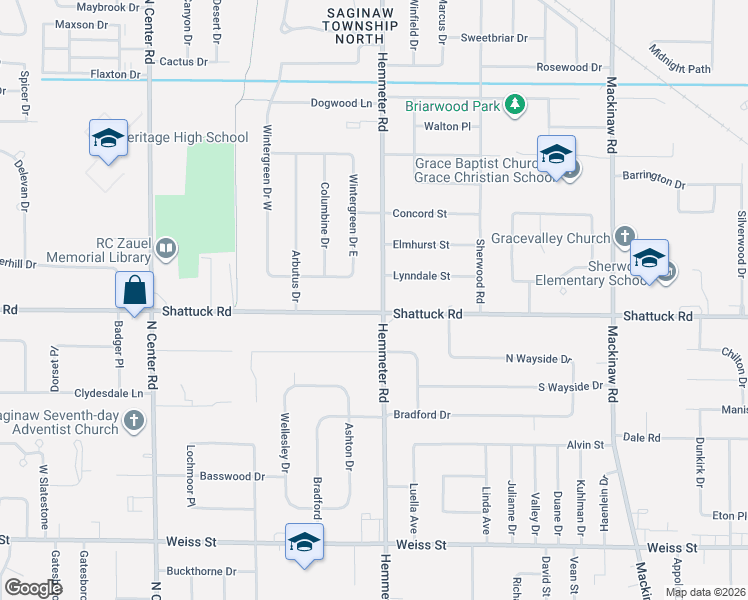 map of restaurants, bars, coffee shops, grocery stores, and more near 3060 Wintergreen Drive East in Saginaw