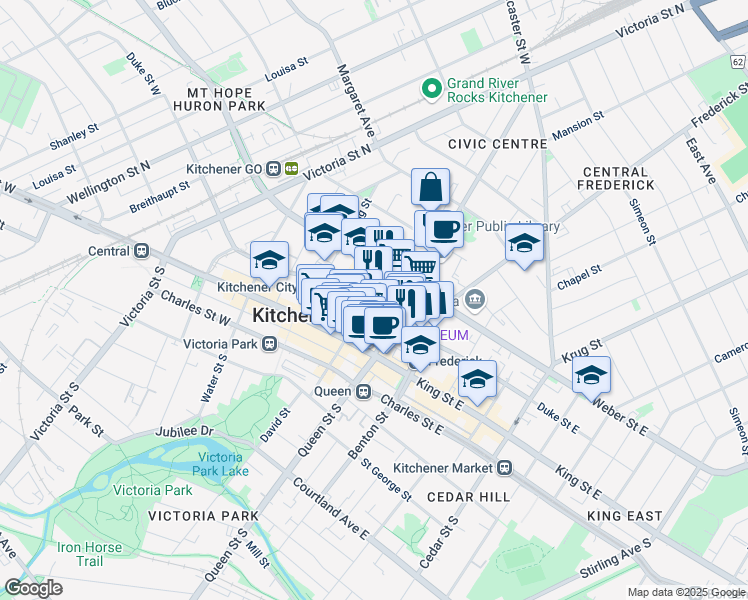 map of restaurants, bars, coffee shops, grocery stores, and more near 17 Weber Street West in Kitchener