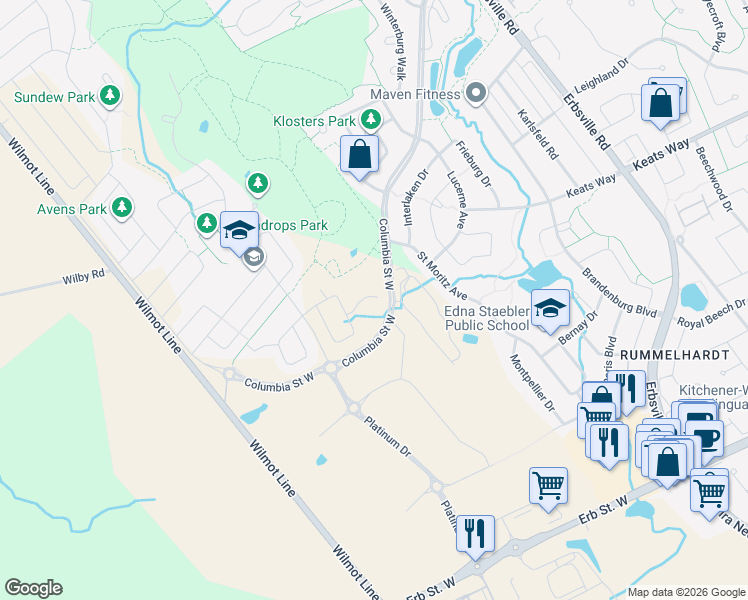 map of restaurants, bars, coffee shops, grocery stores, and more near in Waterloo