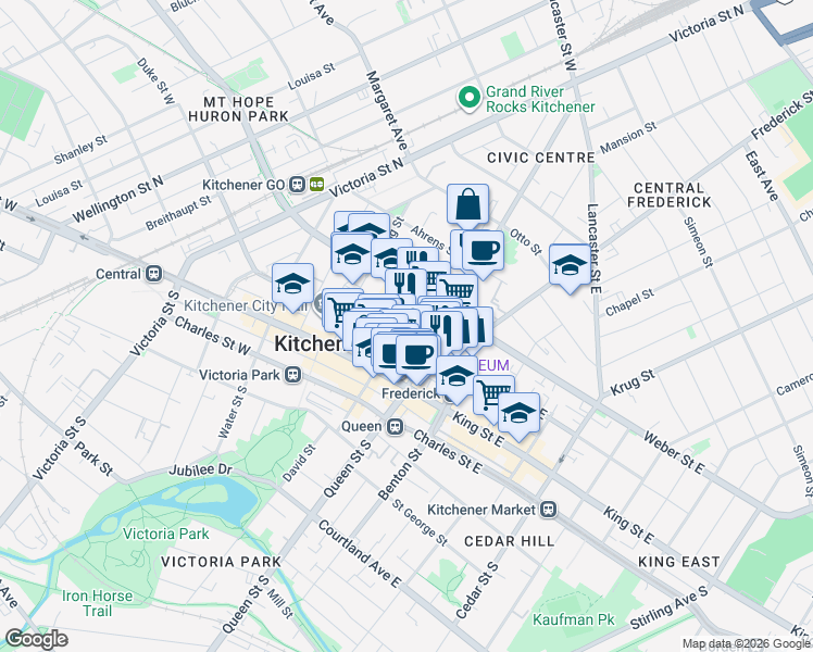 map of restaurants, bars, coffee shops, grocery stores, and more near 30 Duke Street West in Kitchener