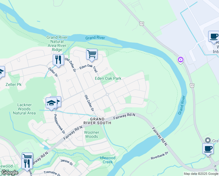 map of restaurants, bars, coffee shops, grocery stores, and more near 114 Rivertrail Avenue in Kitchener