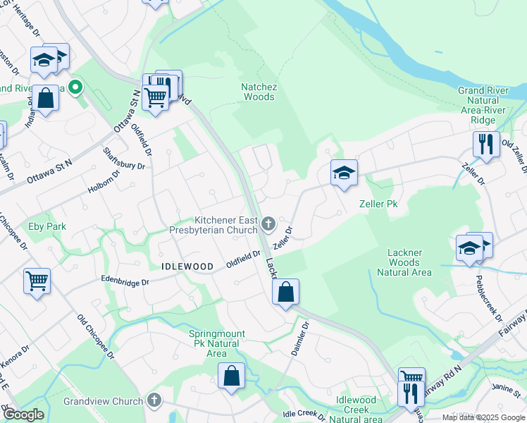 map of restaurants, bars, coffee shops, grocery stores, and more near 23 Gregg Court in Kitchener
