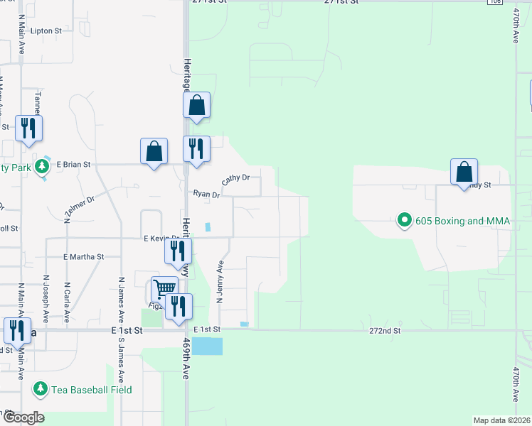 map of restaurants, bars, coffee shops, grocery stores, and more near 935 Ryan Drive in Tea