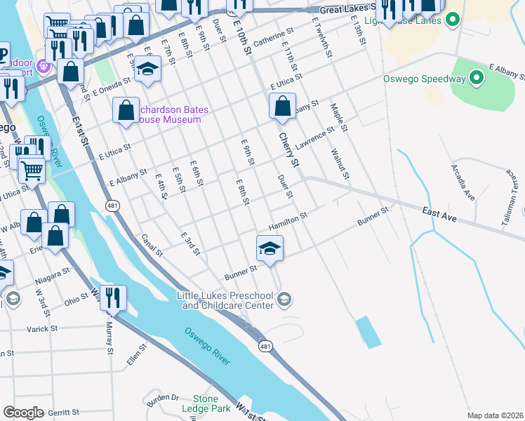 map of restaurants, bars, coffee shops, grocery stores, and more near 54 Church Street in Oswego