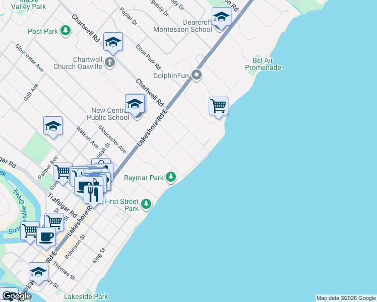 map of restaurants, bars, coffee shops, grocery stores, and more near 37 Howard Avenue in Oakville
