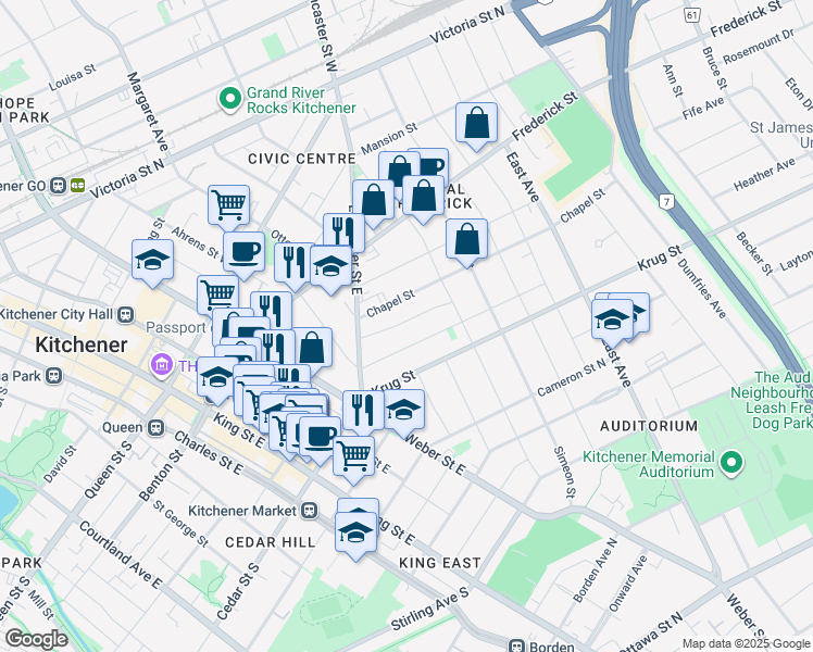 map of restaurants, bars, coffee shops, grocery stores, and more near 55 Hohner Avenue in Kitchener