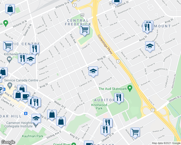 map of restaurants, bars, coffee shops, grocery stores, and more near 48 Glendale Road in Kitchener