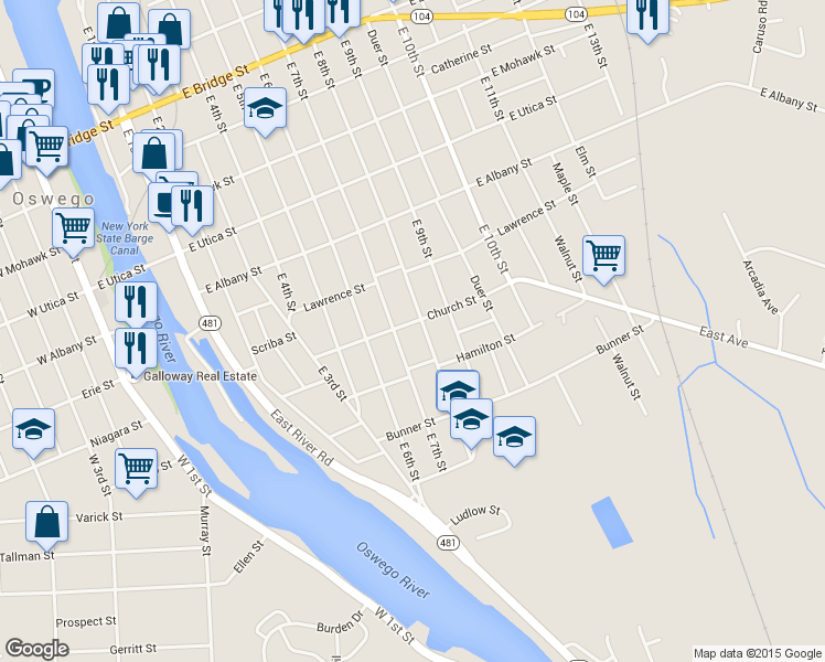 map of restaurants, bars, coffee shops, grocery stores, and more near 42 Church Street in Oswego