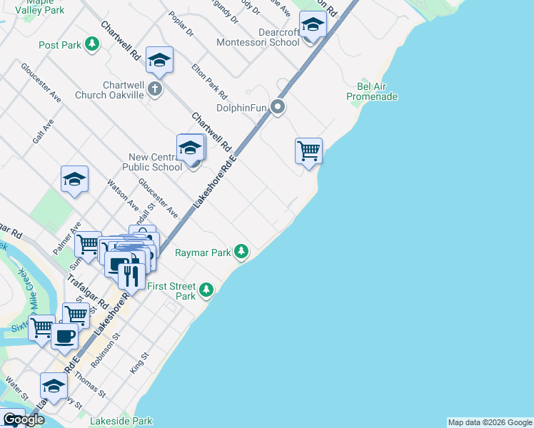 map of restaurants, bars, coffee shops, grocery stores, and more near 25 Howard Avenue in Oakville
