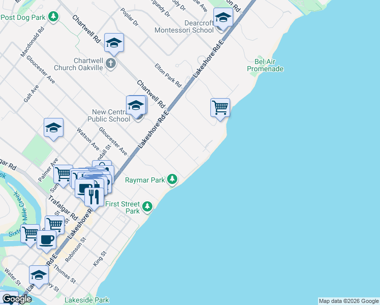 map of restaurants, bars, coffee shops, grocery stores, and more near 25 Howard Avenue in Oakville