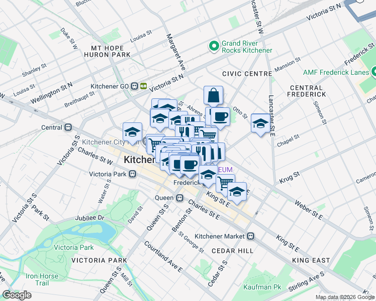 map of restaurants, bars, coffee shops, grocery stores, and more near 30 Duke Street West in Kitchener