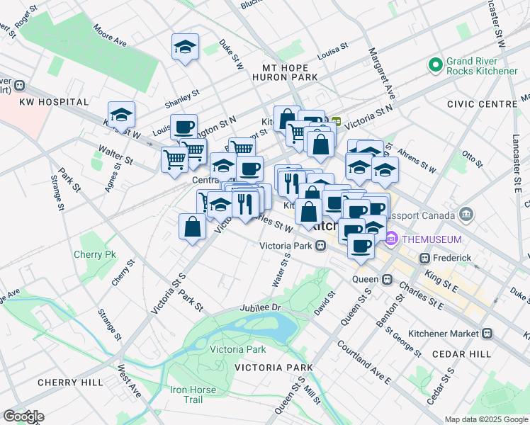 map of restaurants, bars, coffee shops, grocery stores, and more near 30 Francis Street South in Kitchener