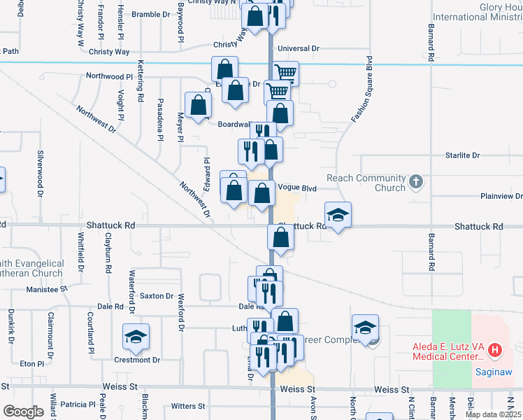 map of restaurants, bars, coffee shops, grocery stores, and more near 3061 Bay Road in Saginaw