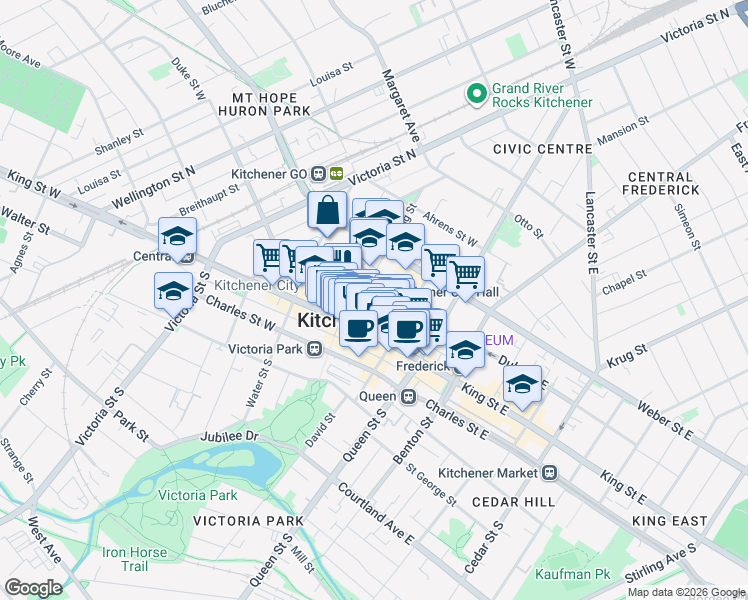 map of restaurants, bars, coffee shops, grocery stores, and more near in Kitchener