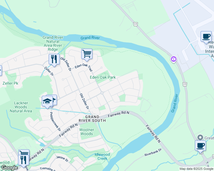 map of restaurants, bars, coffee shops, grocery stores, and more near 114 Rivertrail Avenue in Kitchener
