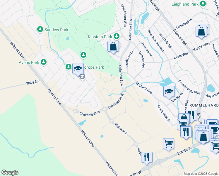 map of restaurants, bars, coffee shops, grocery stores, and more near Raspberry Place in Waterloo