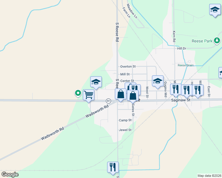 map of restaurants, bars, coffee shops, grocery stores, and more near 1946 S Reese Rd in Reese
