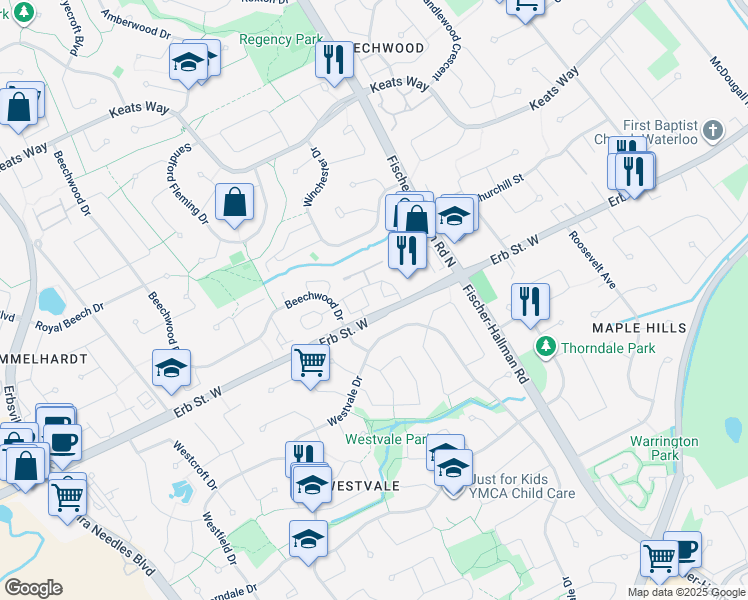 map of restaurants, bars, coffee shops, grocery stores, and more near 459 Beechwood Place in Waterloo