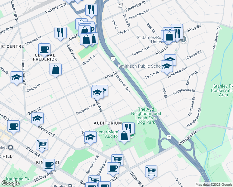 map of restaurants, bars, coffee shops, grocery stores, and more near 235 Melrose Avenue in Kitchener