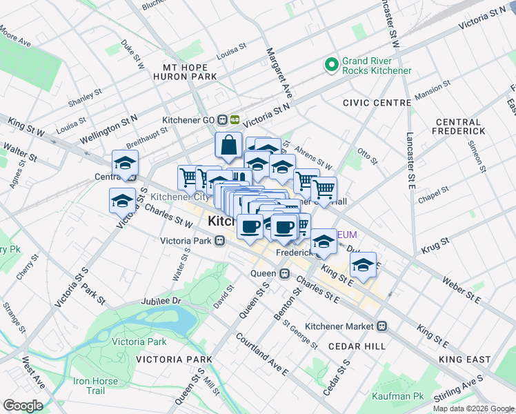 map of restaurants, bars, coffee shops, grocery stores, and more near 85 Duke Street West in Kitchener