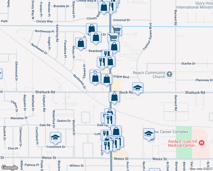 map of restaurants, bars, coffee shops, grocery stores, and more near 3061 Bay Road in Saginaw