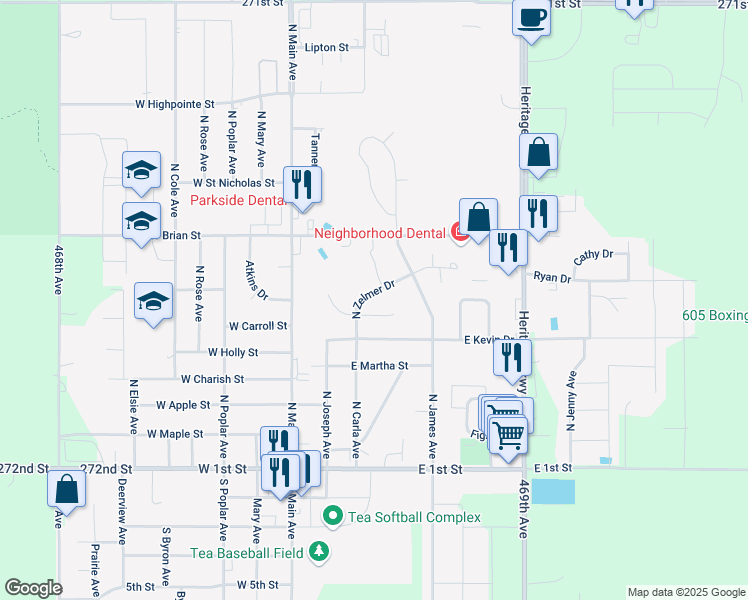 map of restaurants, bars, coffee shops, grocery stores, and more near 560-770 N Zelmer Dr in Tea