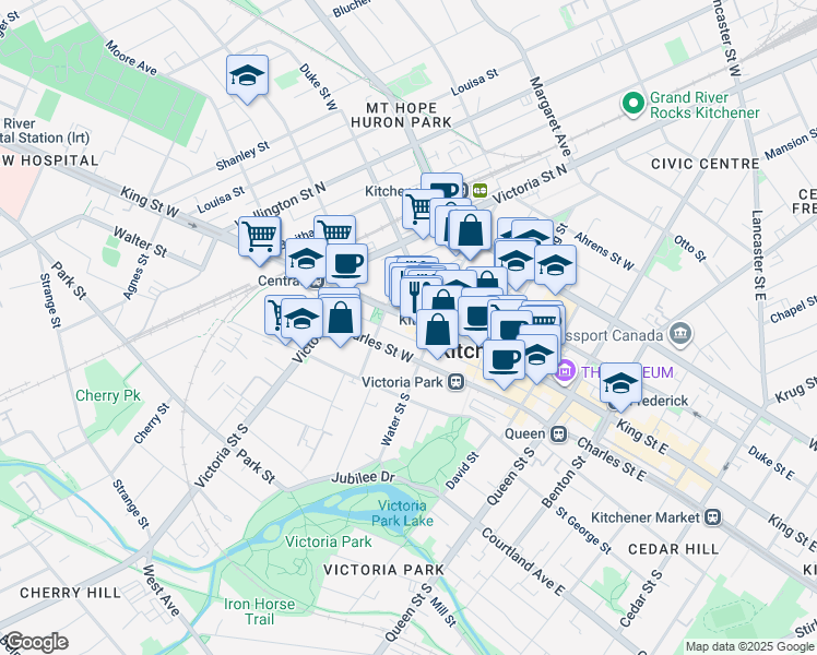 map of restaurants, bars, coffee shops, grocery stores, and more near in Kitchener