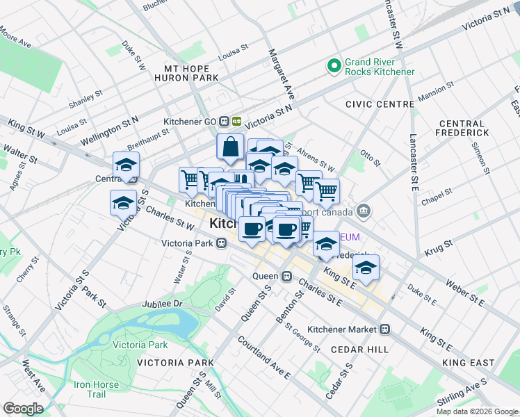 map of restaurants, bars, coffee shops, grocery stores, and more near 66 Young Street West in Waterloo