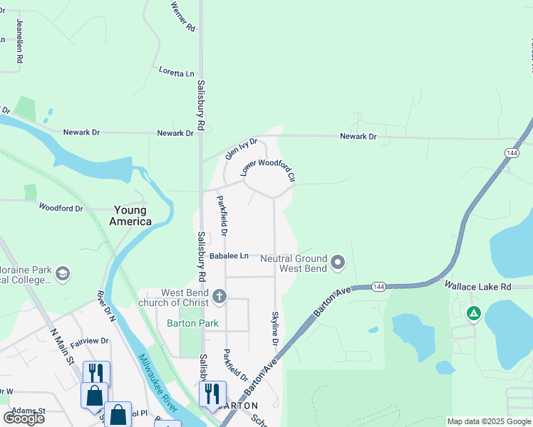 map of restaurants, bars, coffee shops, grocery stores, and more near 2620 Skyline Drive in West Bend