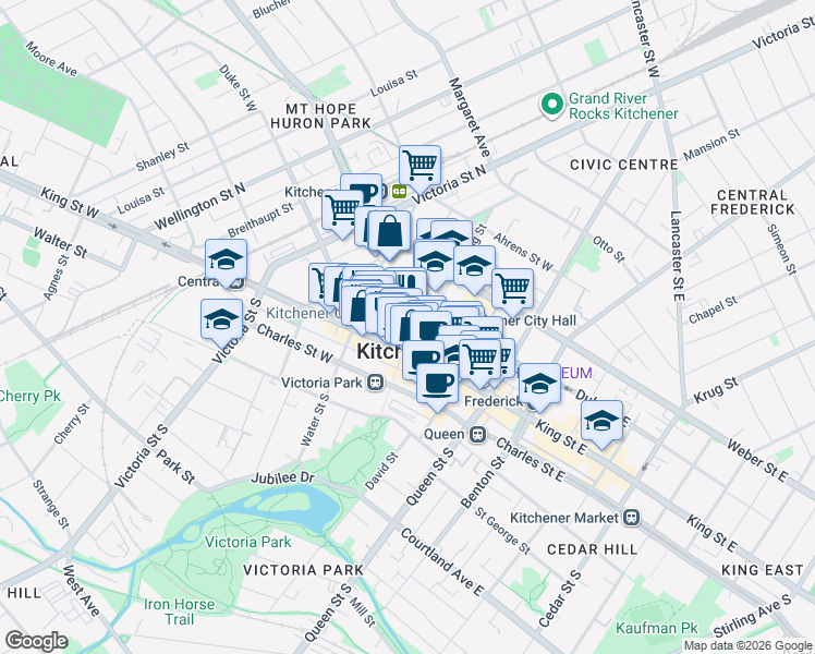 map of restaurants, bars, coffee shops, grocery stores, and more near 200 King Street West in Kitchener