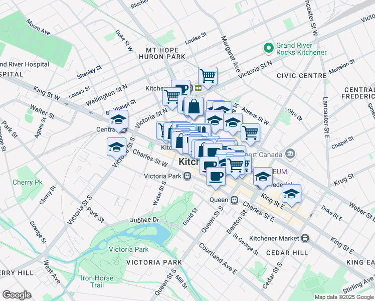 map of restaurants, bars, coffee shops, grocery stores, and more near in Kitchener