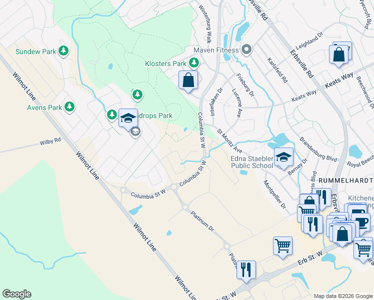 map of restaurants, bars, coffee shops, grocery stores, and more near Raspberry Place in Waterloo