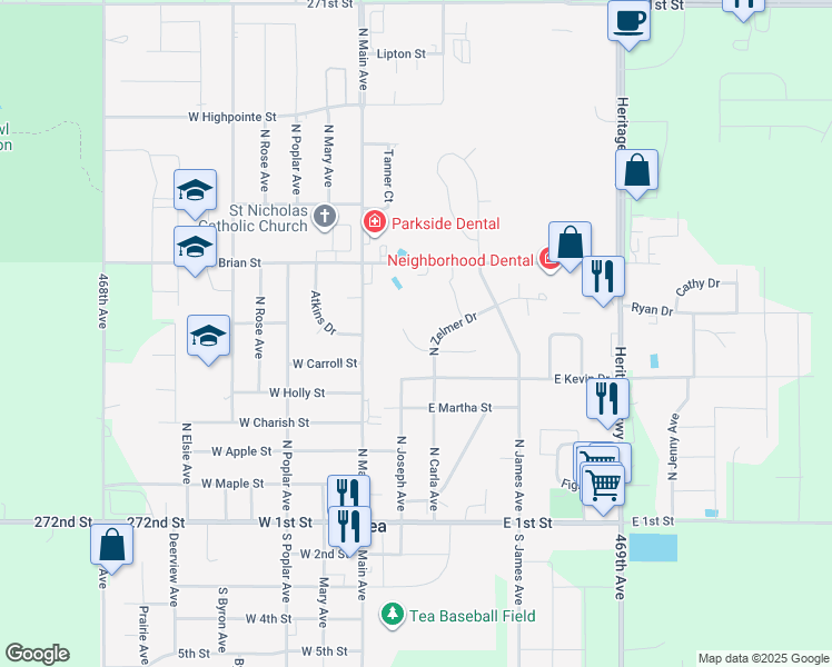 map of restaurants, bars, coffee shops, grocery stores, and more near 120 Lisa Court in Tea