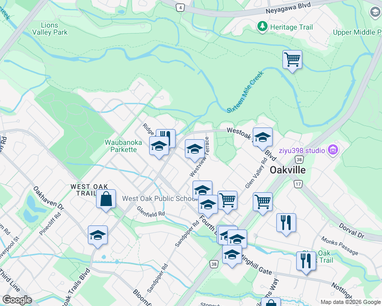 map of restaurants, bars, coffee shops, grocery stores, and more near 1175 Treetop Terrace in Oakville