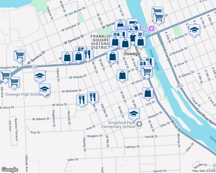 map of restaurants, bars, coffee shops, grocery stores, and more near 166 West 6th Street in Oswego