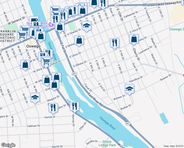map of restaurants, bars, coffee shops, grocery stores, and more near East 3rd Street in Oswego