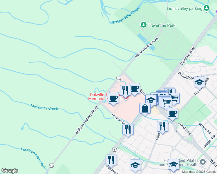 map of restaurants, bars, coffee shops, grocery stores, and more near William Halton Parkway in Oakville