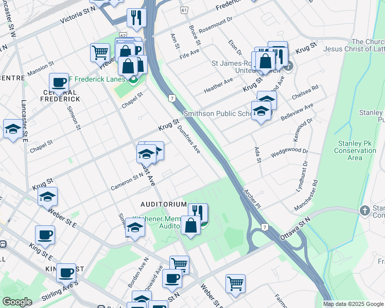 map of restaurants, bars, coffee shops, grocery stores, and more near 403 Dumfries Avenue in Kitchener