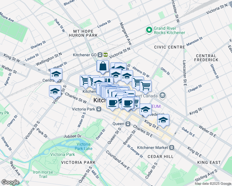 map of restaurants, bars, coffee shops, grocery stores, and more near in Kitchener