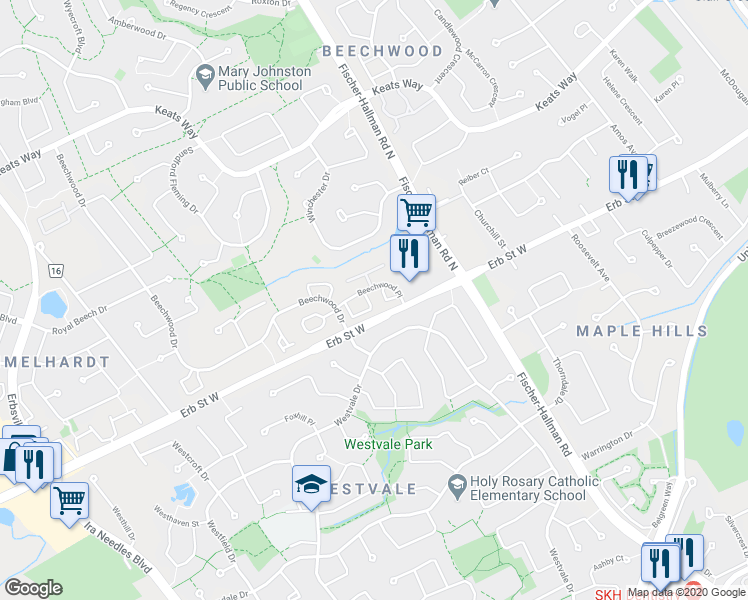 map of restaurants, bars, coffee shops, grocery stores, and more near 459 Beechwood Place in Waterloo