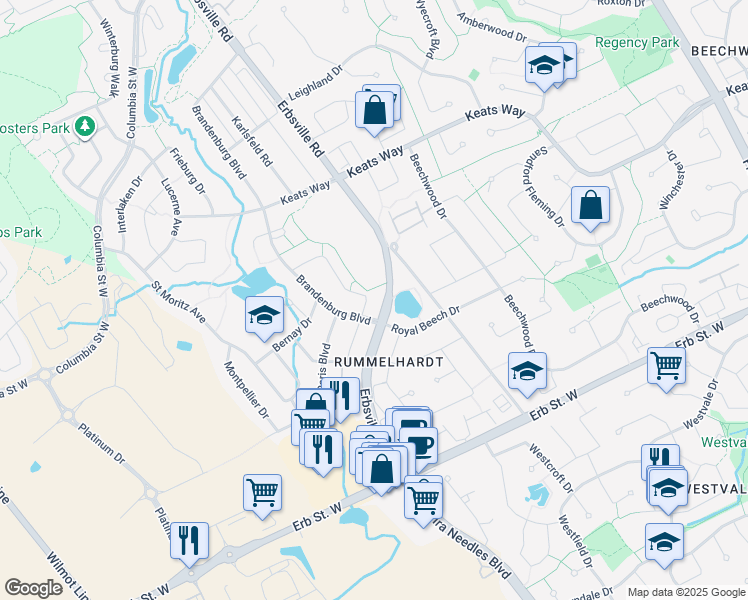 map of restaurants, bars, coffee shops, grocery stores, and more near 414 Lausanne Crescent in Waterloo