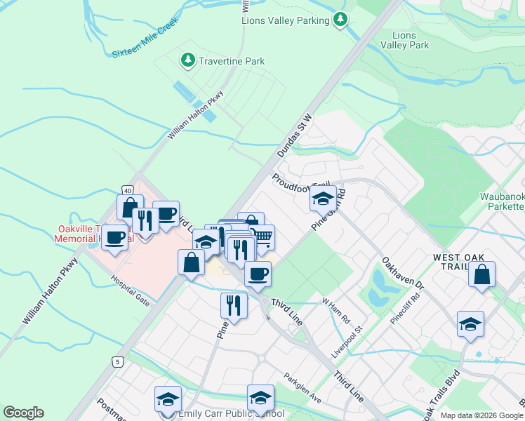 map of restaurants, bars, coffee shops, grocery stores, and more near 2473 Lazio Lane in Oakville