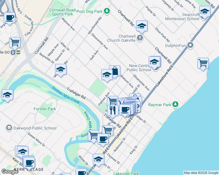 map of restaurants, bars, coffee shops, grocery stores, and more near 209 Allan Street in Oakville